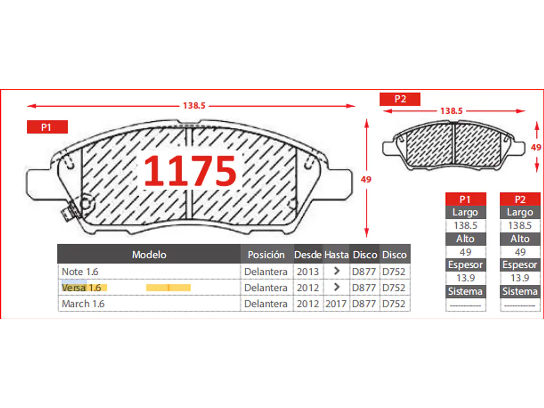 Pastillas de Freno Nissan Note 1.6 2013 en adelante Delanteras 2