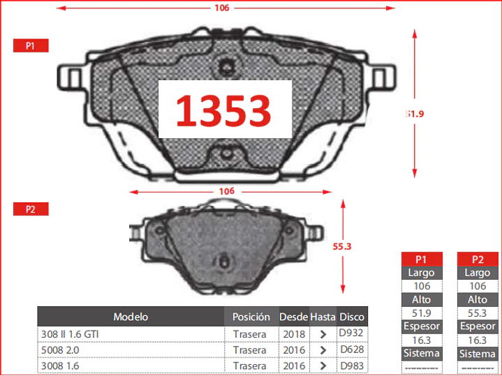 Pastillas de Freno Peugeot 3008 IV 1.5 2021-2024 Traseras 2