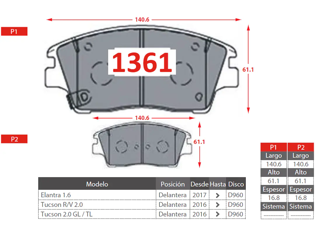 Pastillas de Freno Hyundai Tucson III 1.6 2016-2020 Delanteras 2