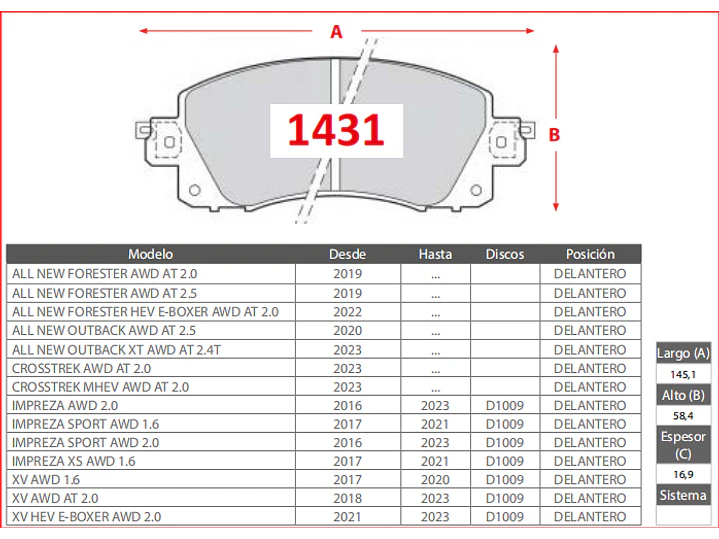 Pastillas de Freno Subaru All New Forester AWD AT 2.5 2019 en adelante Delanteras 2