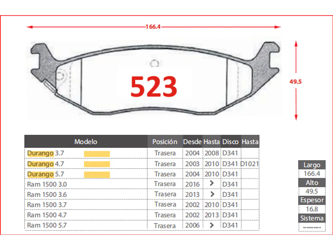 Pastillas de Freno Dodge Ram 1500 4.7 2002-2013 Traseras 2