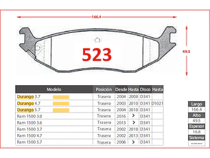 Pastillas de Freno Dodge Ram 1500 3.0 2016 en adelante Traseras