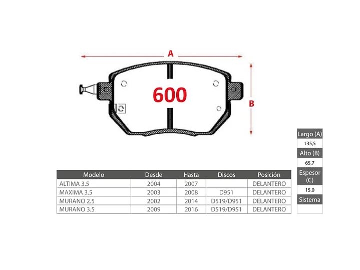 Pastillas de Freno Nissan Maxima 3.5 2003-2008 Delanteras 2