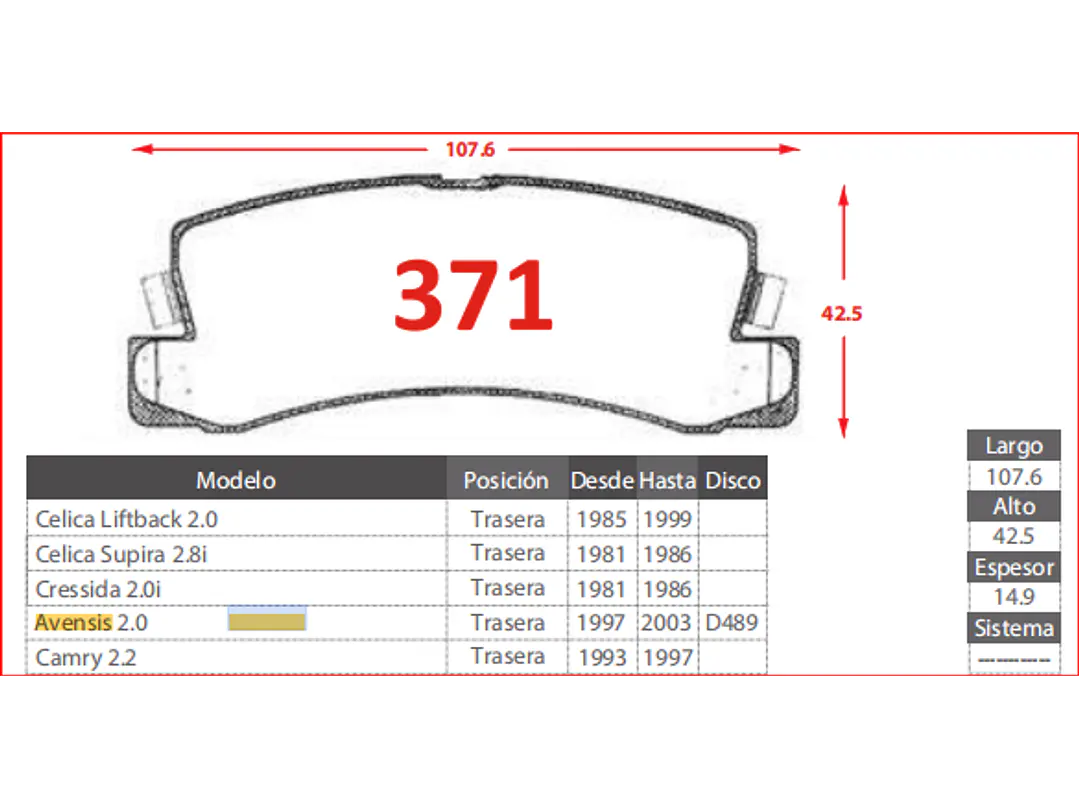 Pastillas de Freno Toyota Camry 2.2 1993-1997 Traseras 2