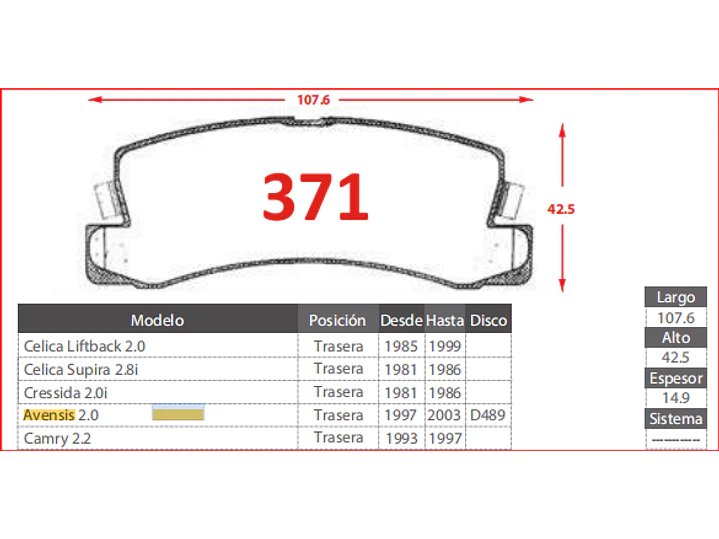 Pastillas de Freno Toyota Camry 2.2 1993-1997 Traseras 2
