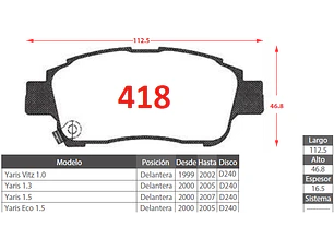Pastillas de Freno Toyota Yaris Eco 1.5 2000-2005 Delanteras