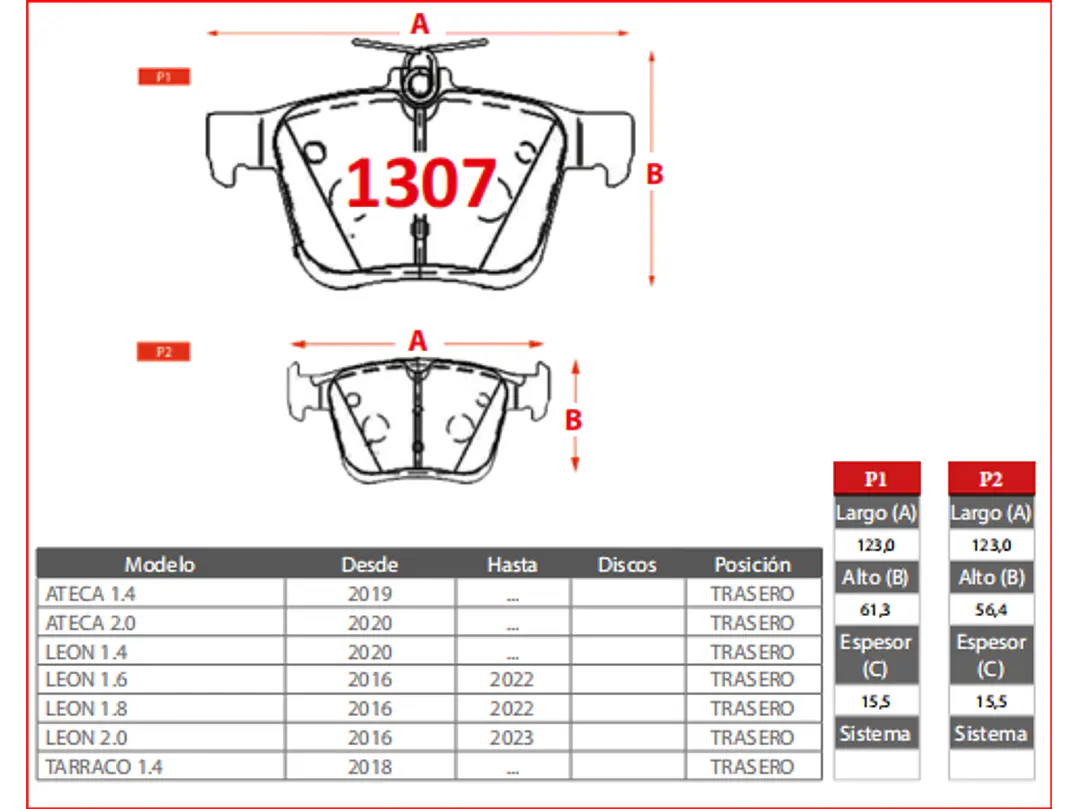 Pastillas de Freno MG MG6 1.5 2019-2024 Traseras 2