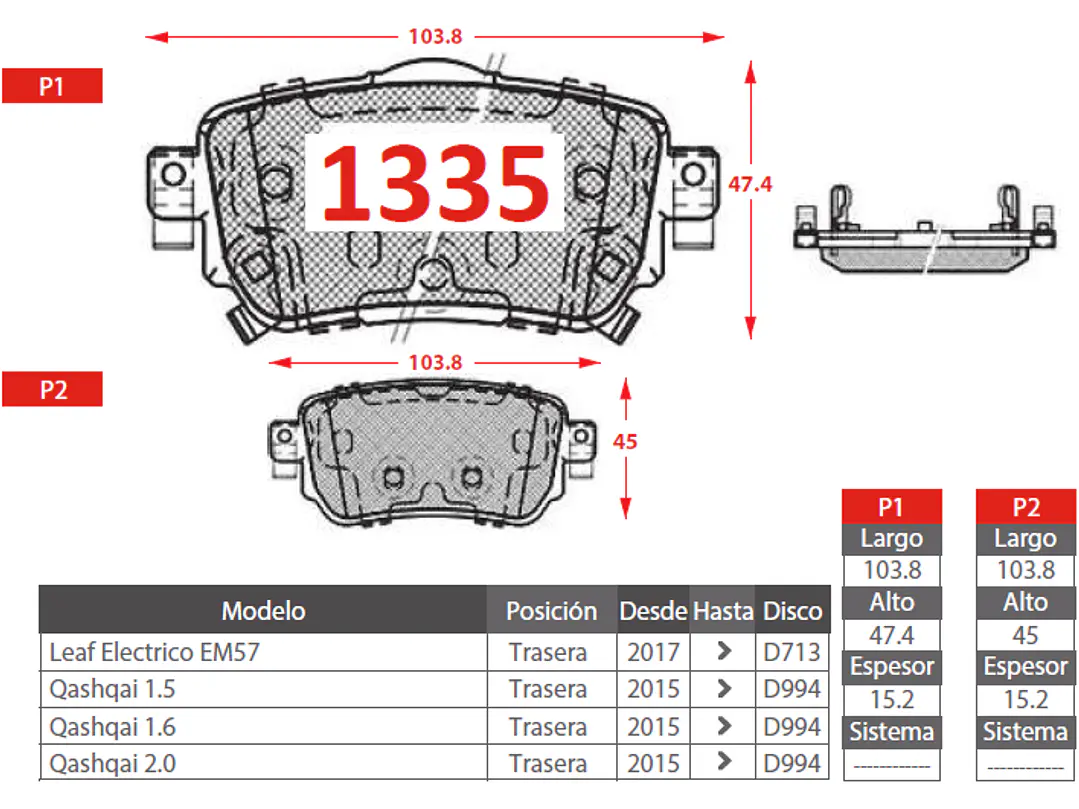 Pastillas de Freno Renault Koleos III 2.5 2016-2016 Traseras 2