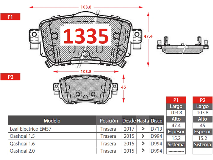 Pastillas de Freno Renault Koleos IV 2.0 2017-2019 Traseras 2