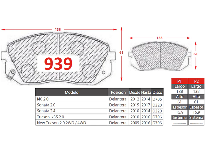 Pastillas de Freno Kia Carens 2.0 2006-2013 Delanteras 2