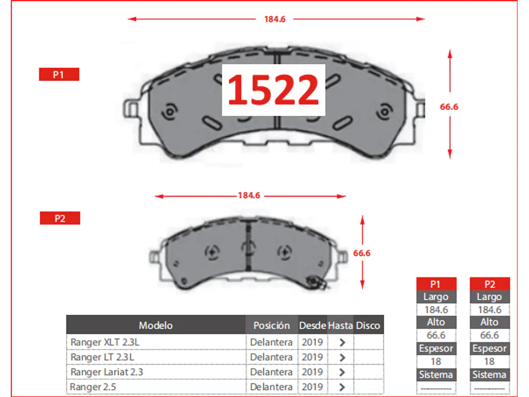 Pastillas de Freno Ford Ranger Lariat 2.3 2019 en adelante Delanteras 2