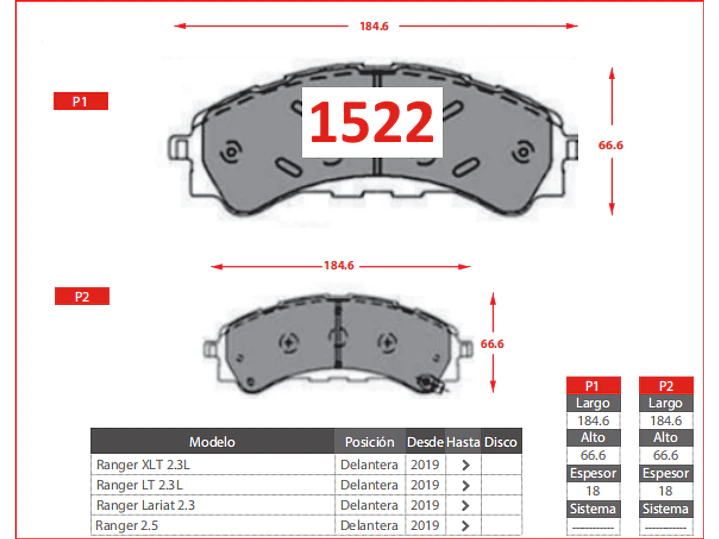 Pastillas de Freno Ford Ranger Lariat 2.3 2019 en adelante Delanteras 2