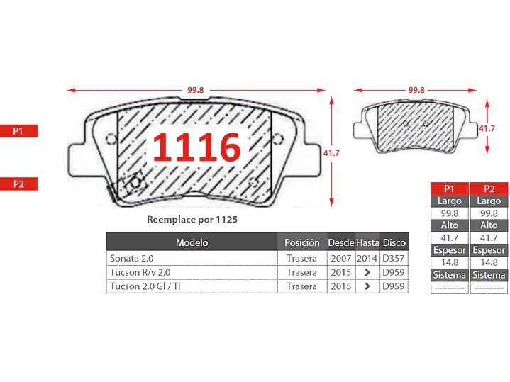 Pastillas de Freno Hyundai Grand Creta MPI 2.0 2024 en adelante Traseras 2