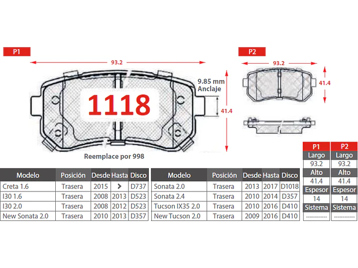 Pastillas de Freno Hyundai Creta GDI 1.4 2021-2023 Traseras 2