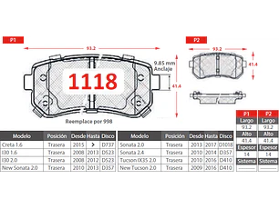 Pastillas de Freno Kia Cerato Koup 2.0 2010-2013 Traseras