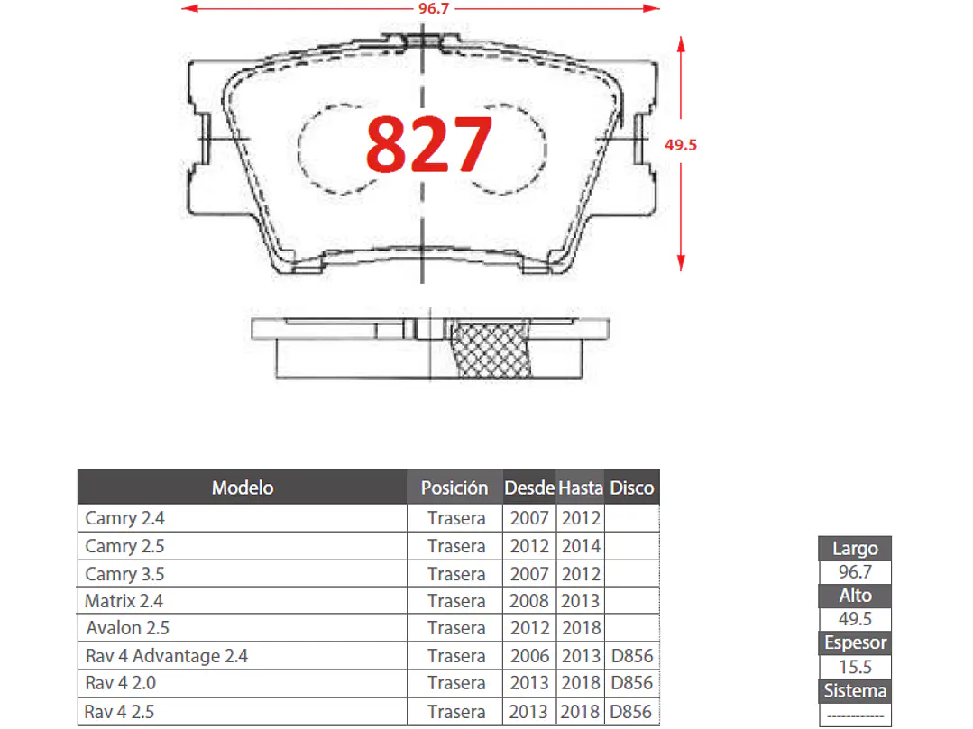 Pastillas de Freno Toyota ES250 AT 2.5 2017-2017 Traseras 2