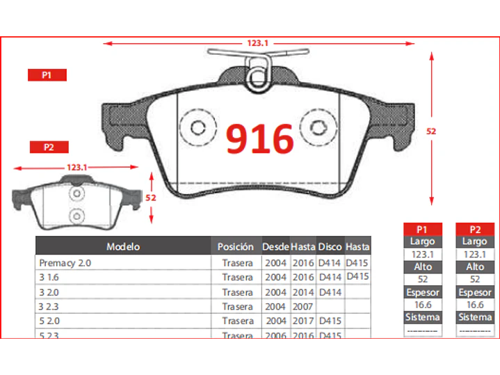 Pastillas de Freno Chevrolet Vectra 1.8 2000-2000 Traseras 2