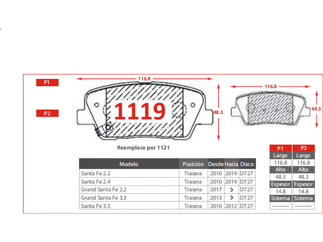 Pastillas de Freno Kia Mohave 4.6 2008-2017 Traseras 2