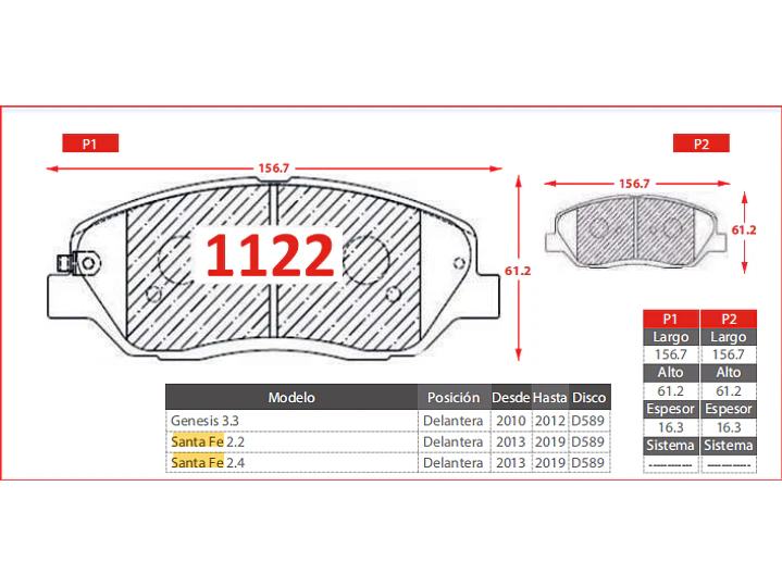 Pastillas de Freno Kia Sorento 2.0 CRDI 4WD 2012-2014 Delanteras 2
