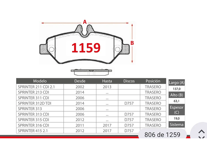 Pastillas de Freno Mercedes-Benz Sprinter 415 2.1 2012-2017 Traseras 2