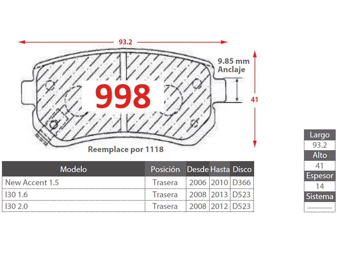 Pastillas de Freno Hyundai Tucson II 2.0 2010-2015 Traseras 2