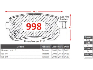 Pastillas de Freno Hyundai Tucson II 2.0 2010-2015 Traseras