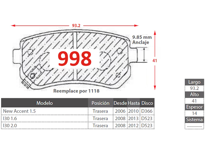 Pastillas de Freno Hyundai Tucson II 2.0 2010-2015 Traseras 2