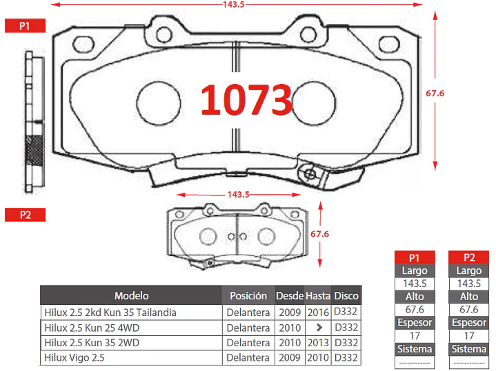 Pastillas de Freno Toyota Hilux Td Dcab 2.5 2010-2016 Delanteras 2