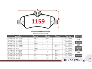 Pastillas de Freno Mercedes-Benz Sprinter 312D TDI 2014 en adelante Traseras GTX Gold
