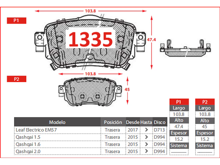Pastillas de Freno Renault Koleos III 2.5 2016-2016 Traseras GTX Gold 2