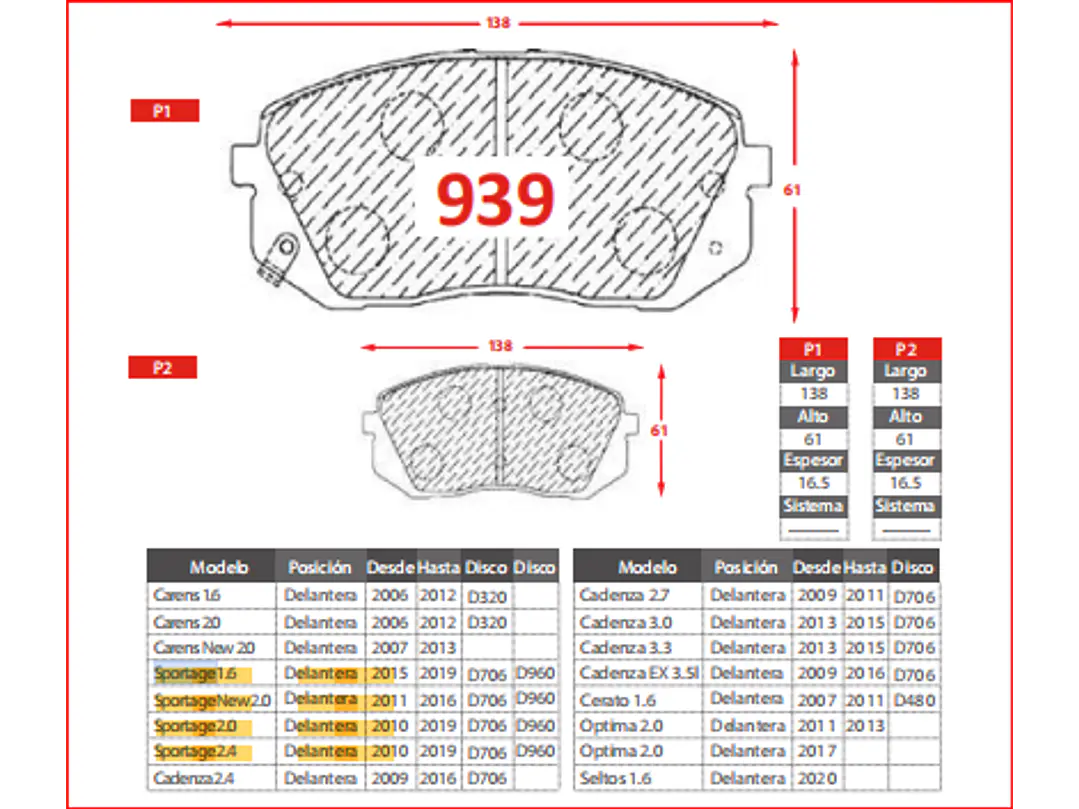 Pastillas de Freno Kia Cadenza 2.7 2009-2011 Delanteras GTX Gold 2