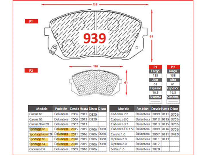 Pastillas de Freno Kia Optima 2.0 2011-2013 Delanteras GTX Gold 2