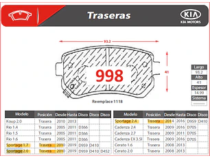 Pastillas de Freno Kia Cadenza 2.4 2009-2016 Traseras GTX Gold