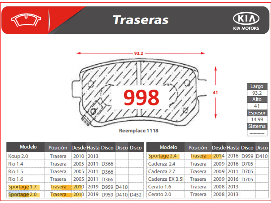 Pastillas de Freno Kia Cadenza 2.7 2009-2011 Traseras GTX Gold 2