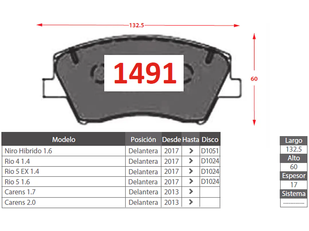 Pastillas de Freno Kia Carens 1.7 2013 en adelante Delanteras GTX Gold 2