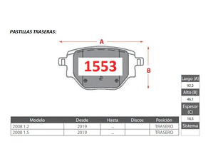 Pastillas de Freno Opel Corsa F 1.2 2020-2023 Traseras GTX Gold