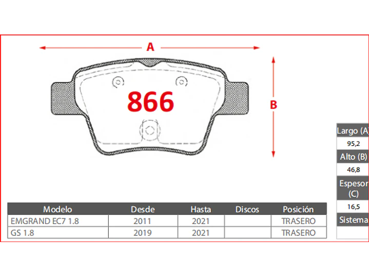 Pastillas de Freno Geely Gs 1.8 2019-2021 Traseras GTX Gold 2