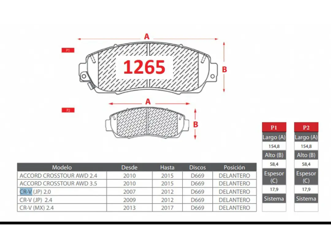 Pastillas Freno Honda CR-V 2007-2012 GTX Gold Del. 2