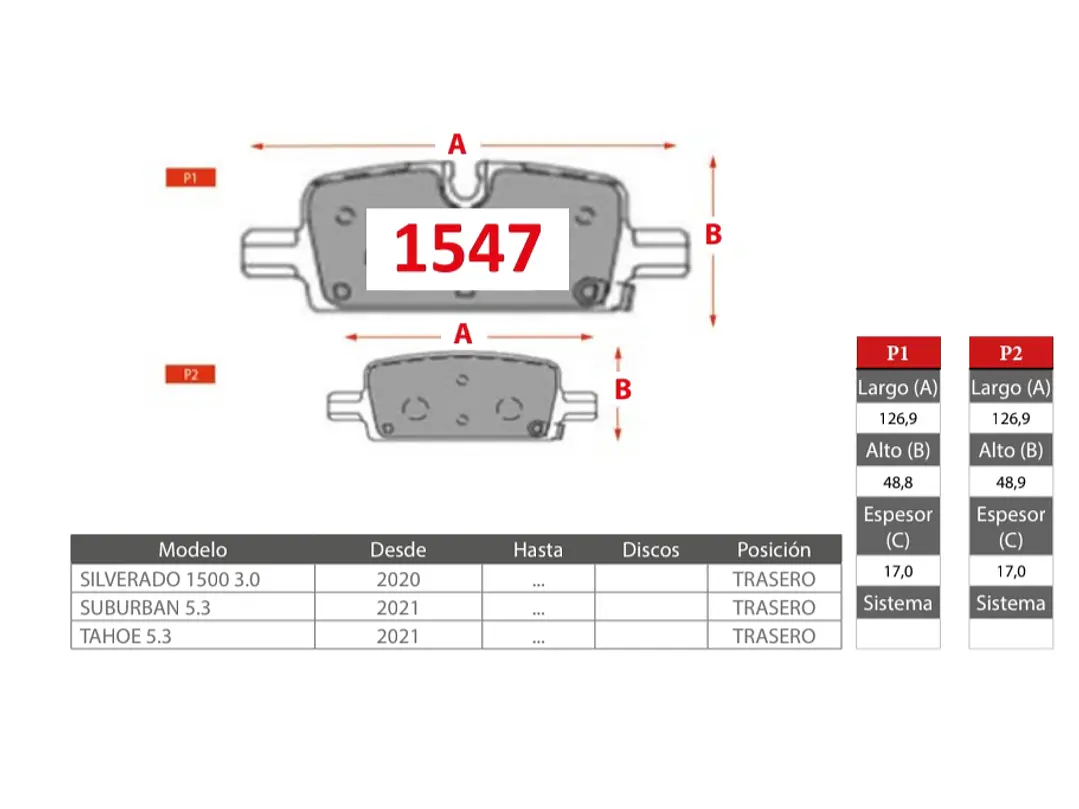 Pastillas de Freno Chevrolet Tahoe 5.3  2021 -> GTX Traseras 2