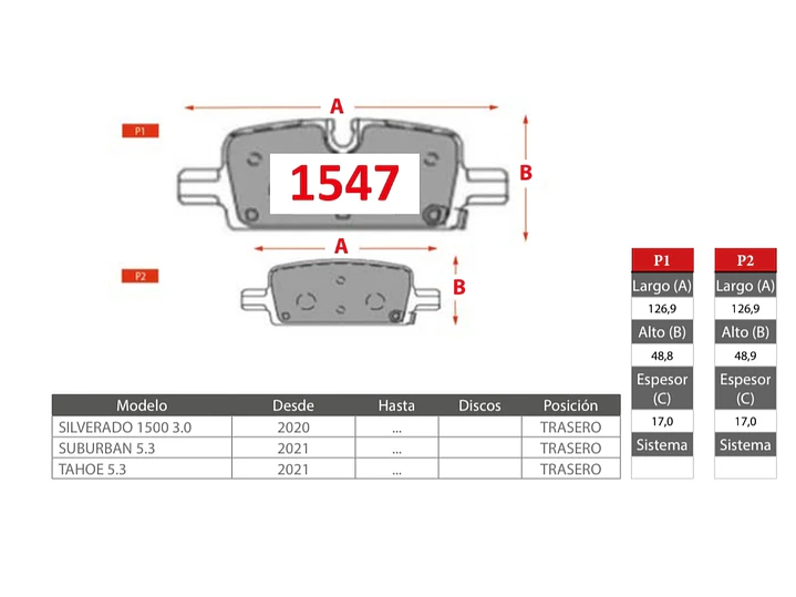 Pastillas de Freno Chevrolet Tahoe 5.3  2021 -> GTX Traseras 2
