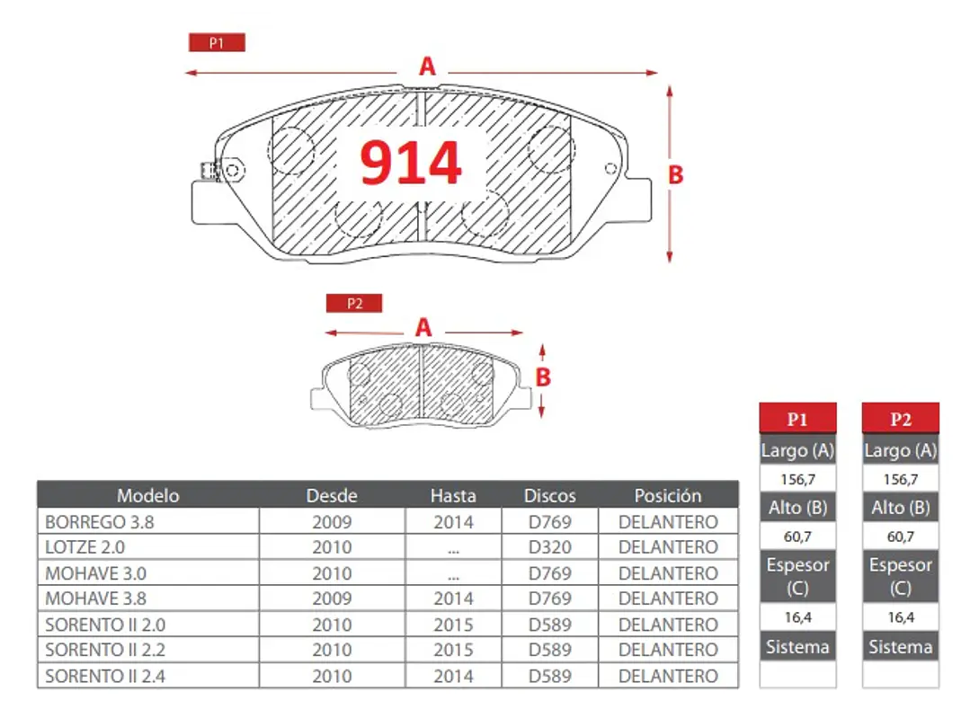 Pastillas de Freno Kia Sorento 2.2 2010-2015 Delanteras 2