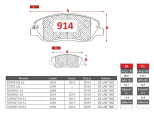Pastillas de Freno Kia Sorento 2.2 2010-2015 Delanteras