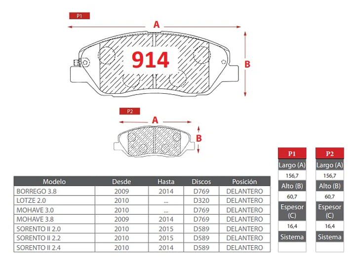 Pastillas de Freno Kia Sorento 2.2 2010-2015 Delanteras 2