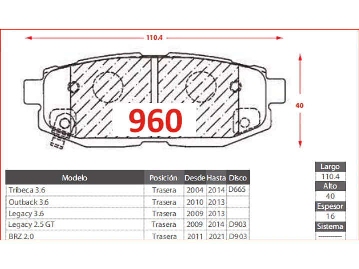 Pastillas de Freno Subaru Legacy 3.6 2009-2013 Traseras 3