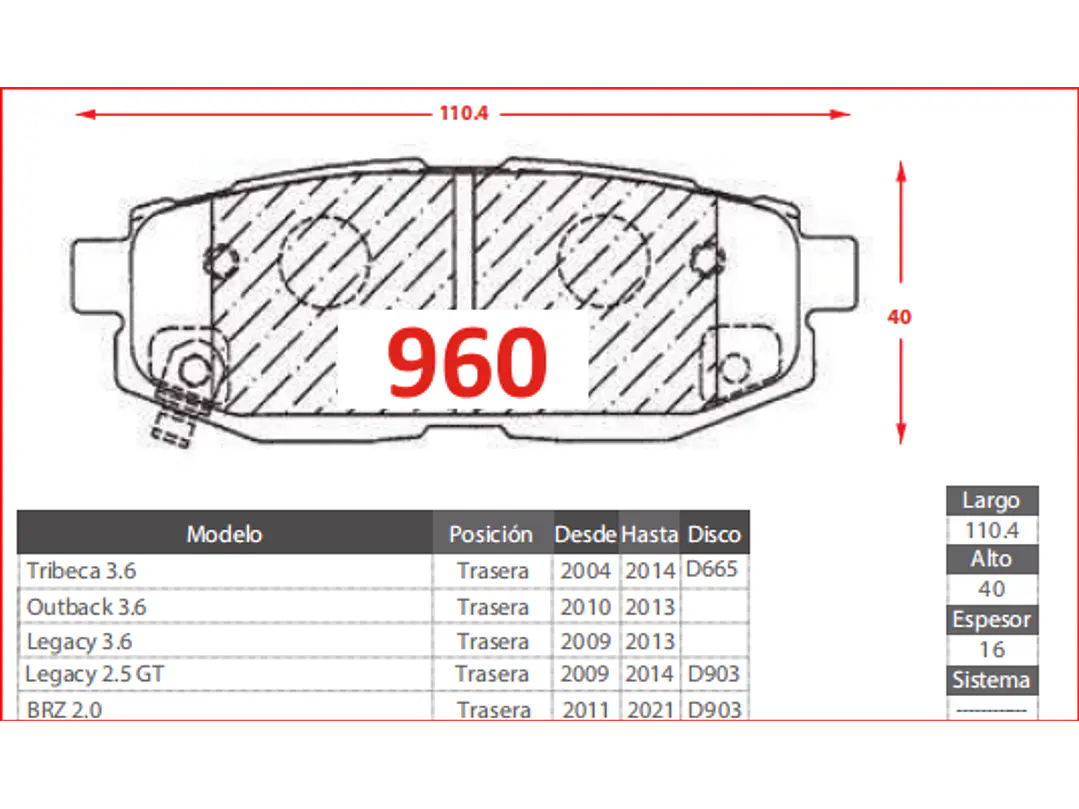 Pastillas de Freno Subaru Tribeca 3.6 2004-2014 Traseras 3