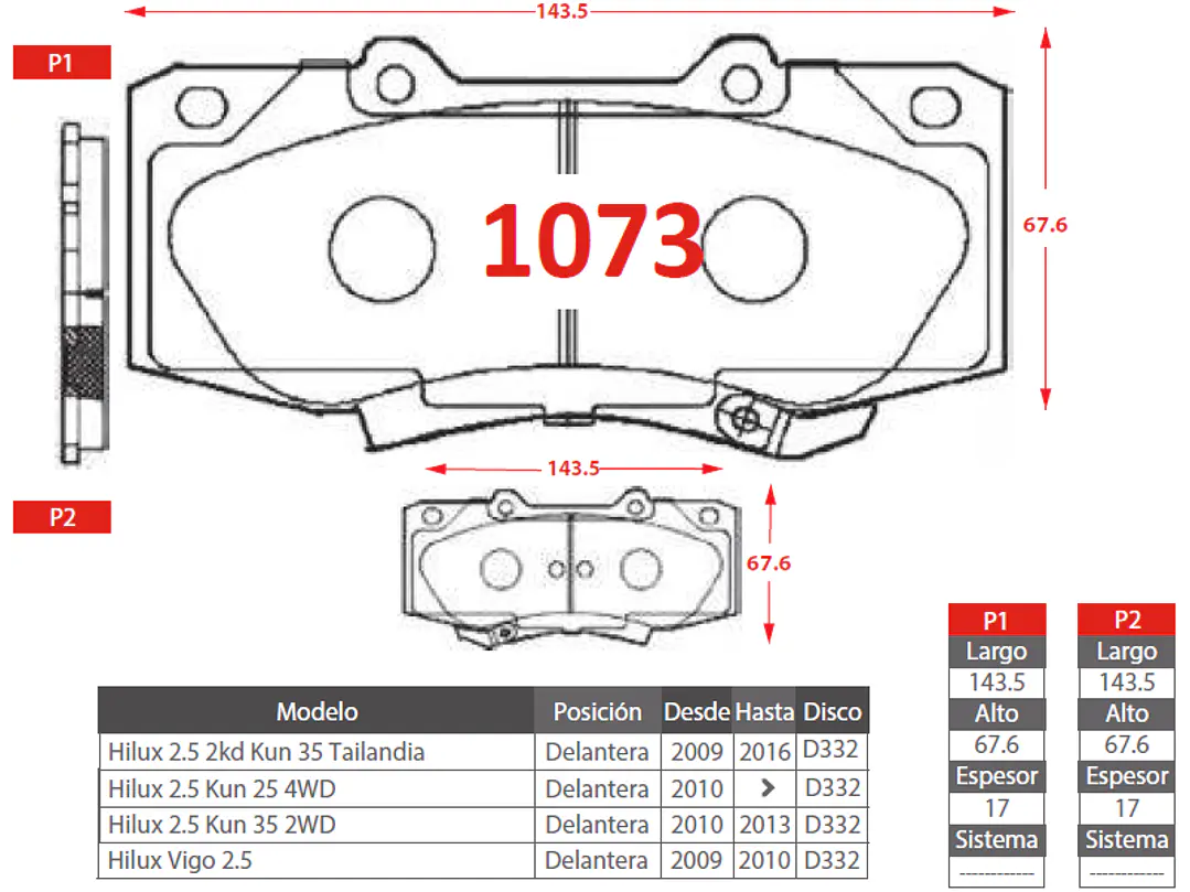 Pastillas de Freno Toyota Hilux Td 2WD 2.5 2010-2016 Delanteras 2