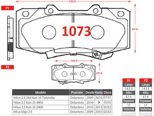 Pastillas de Freno Toyota Hilux Td Dcab 2.5 2010-2016 Delanteras