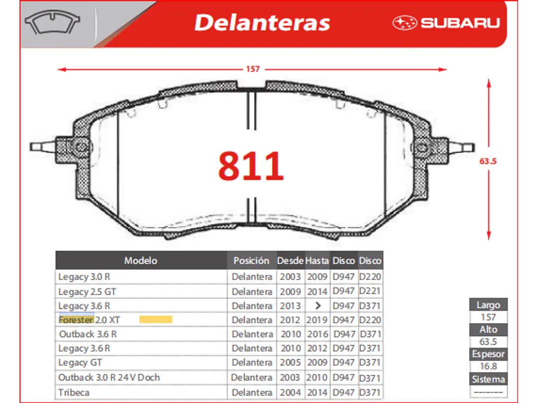Pastillas de Freno Subaru Legacy 3.6 R 2010-2012 Delanteras 3