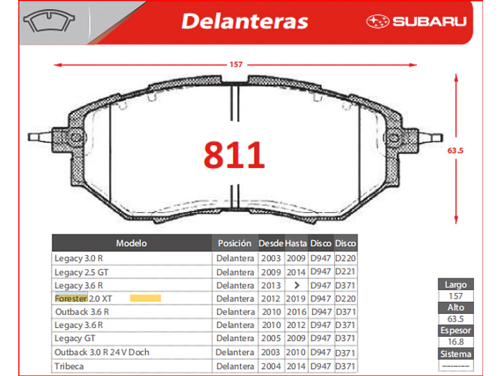 Pastillas de Freno Subaru Legacy 3.6 R 2013 en adelante Delanteras 3