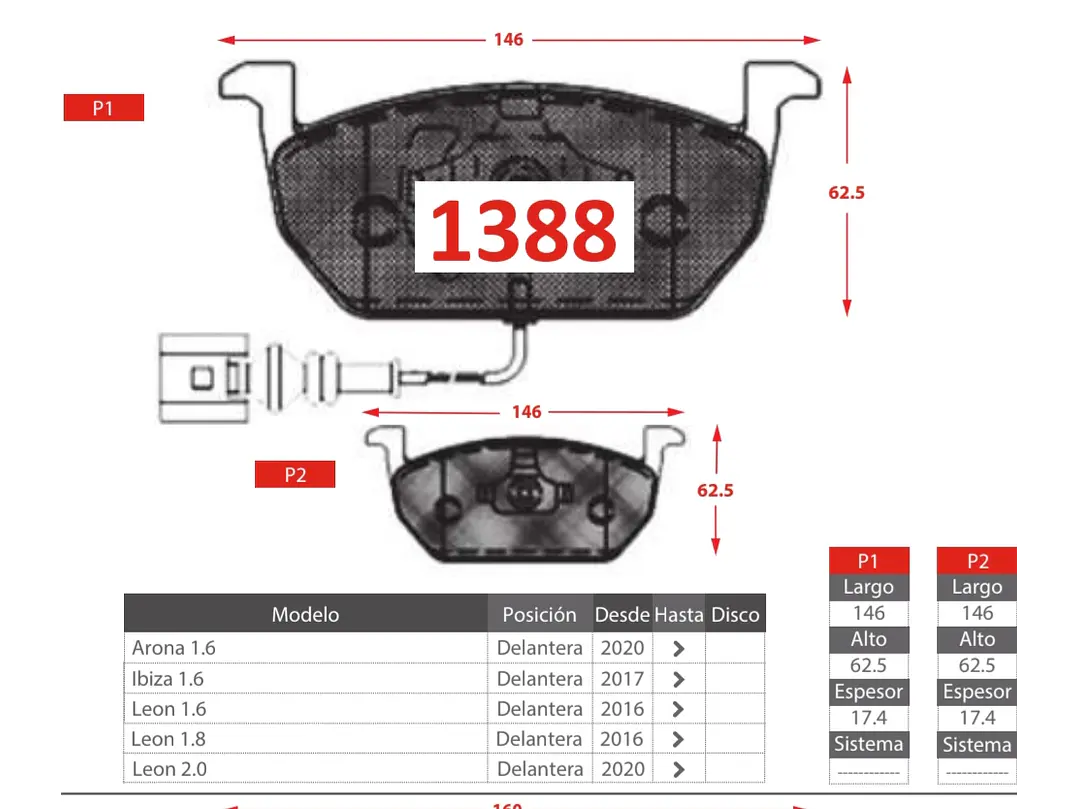 Pastillas de Freno Seat Ibiza 1.6  2017 en adelante Delanteras 2